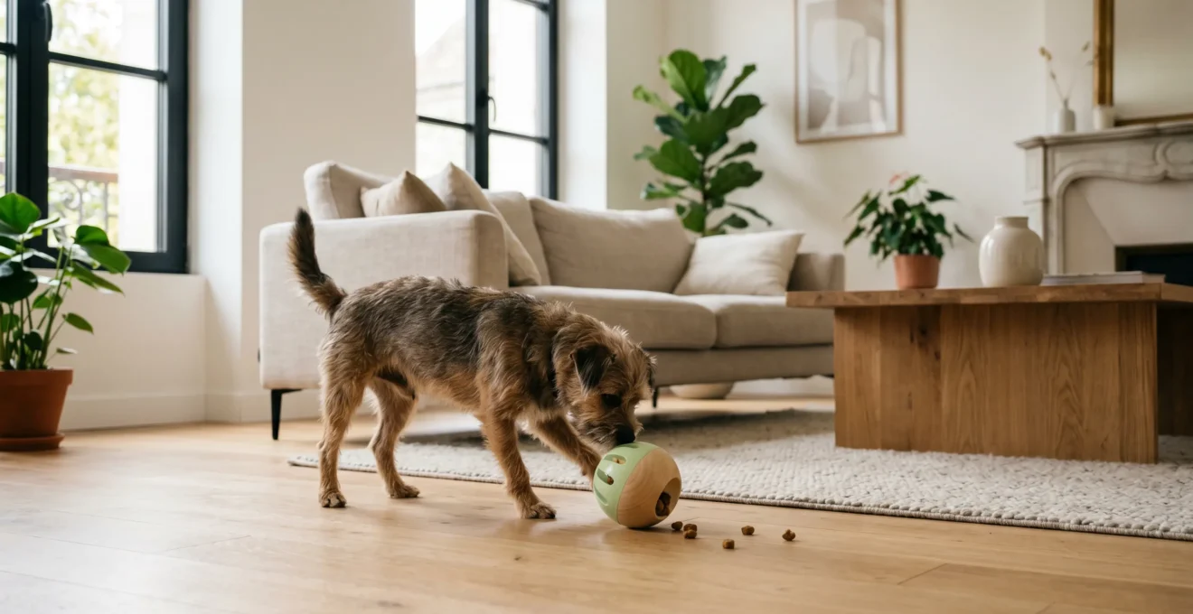 Chien concentré sur un jouet puzzle alimentaire dans un salon moderne aux tons clairs, illustrant l'importance de la stimulation mentale quotidienne
