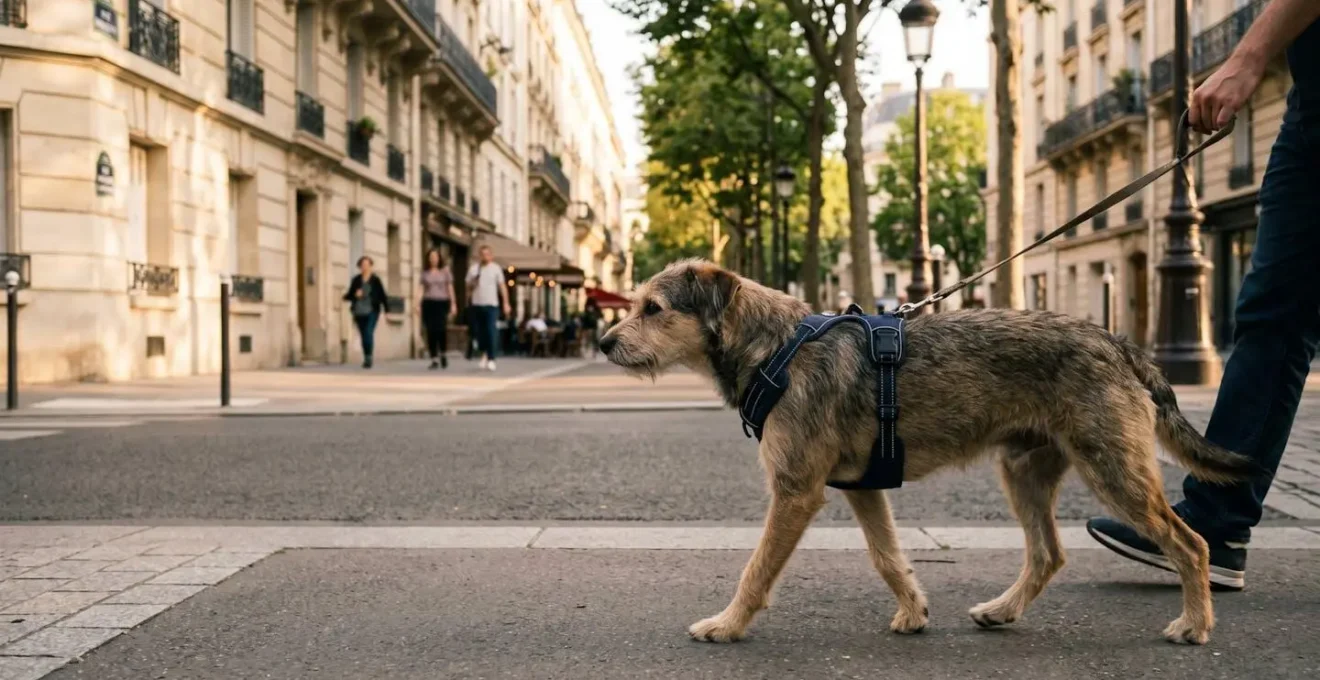 Chien de taille moyenne portant un harnais ajusté lors d'une promenade dans un parc urbain français, démontrant le confort et la sécurité de cet équipement