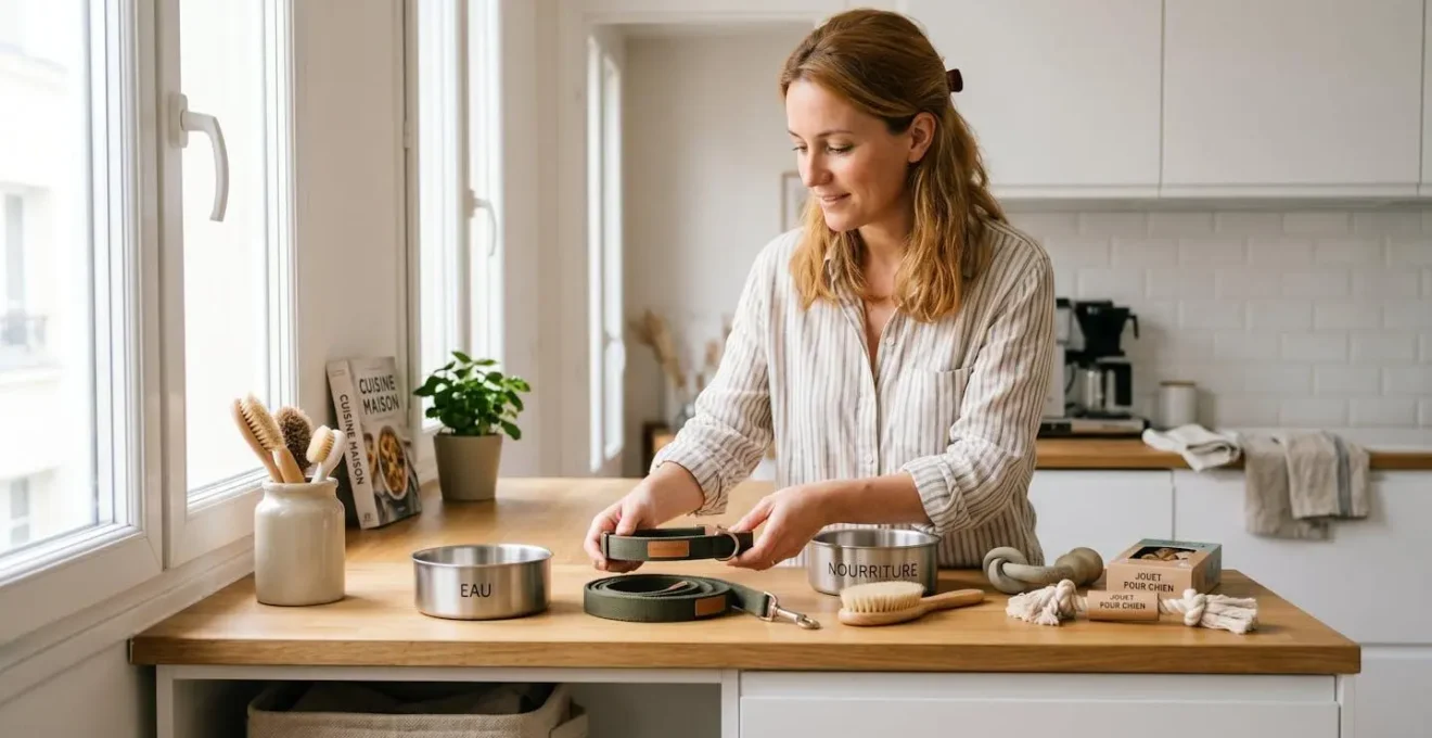 Personne arrangeant des accessoires essentiels pour chien (gamelles inox, laisse, collier) sur un plan de travail moderne dans un intérieur contemporain lumineux